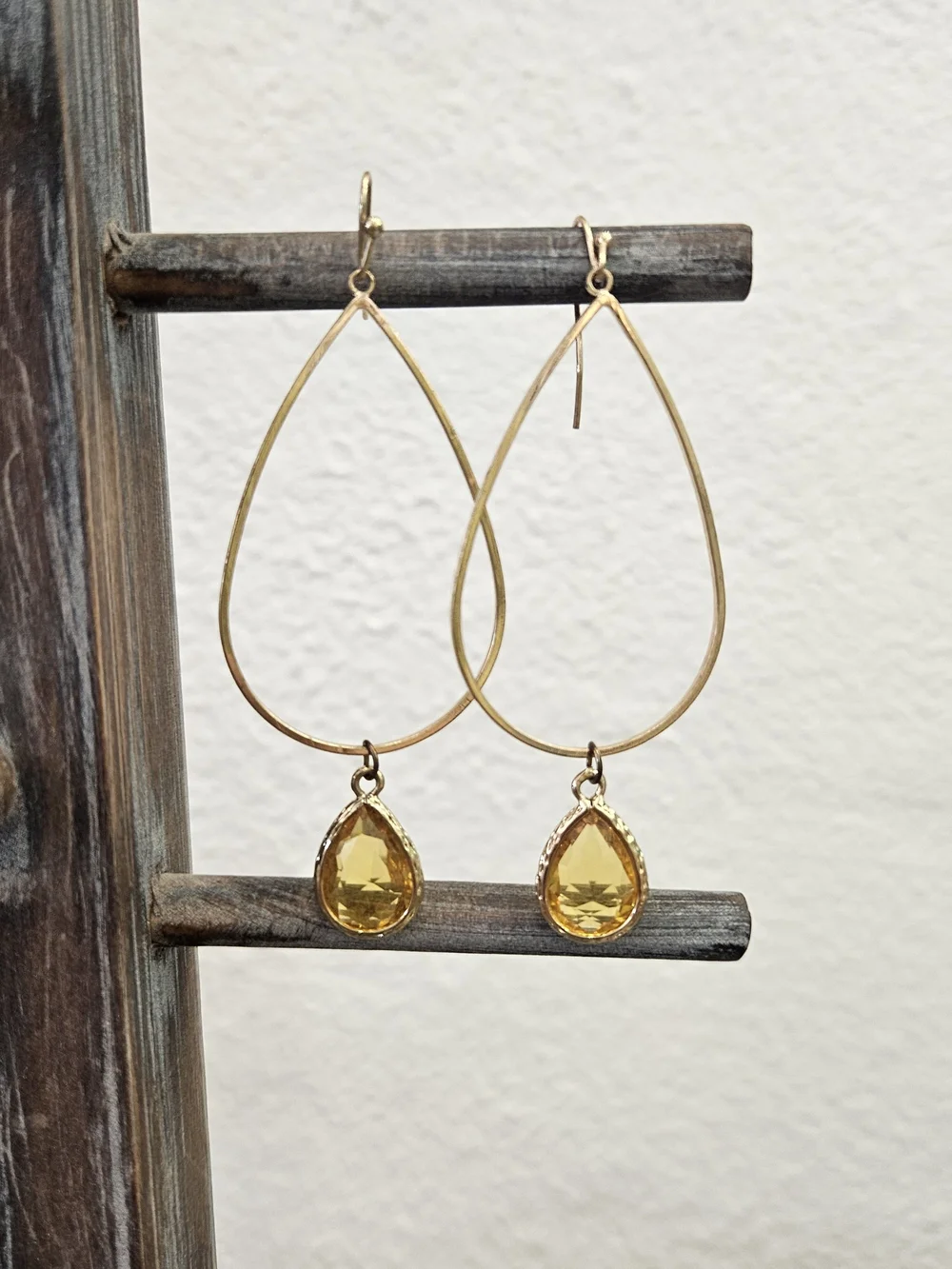 Gold Teardrop Dangle Earrings with Yellow Gemstones